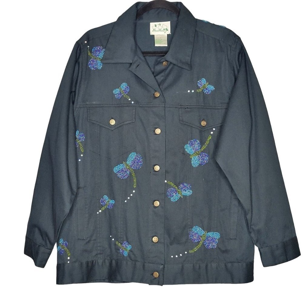 Quacker Factory Women's L Button Up‎ Shacket Shirt Dragonflies Artsy Art to Wear